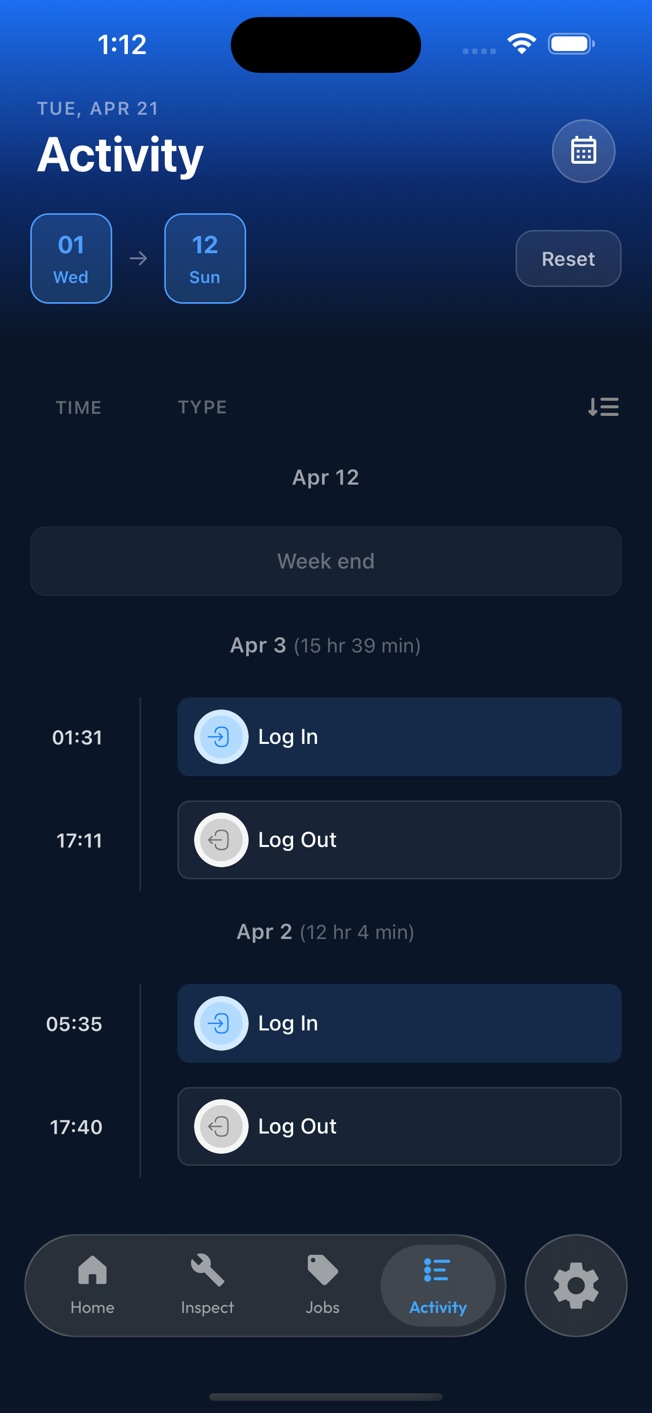 Weekly activity log with daily hours of service