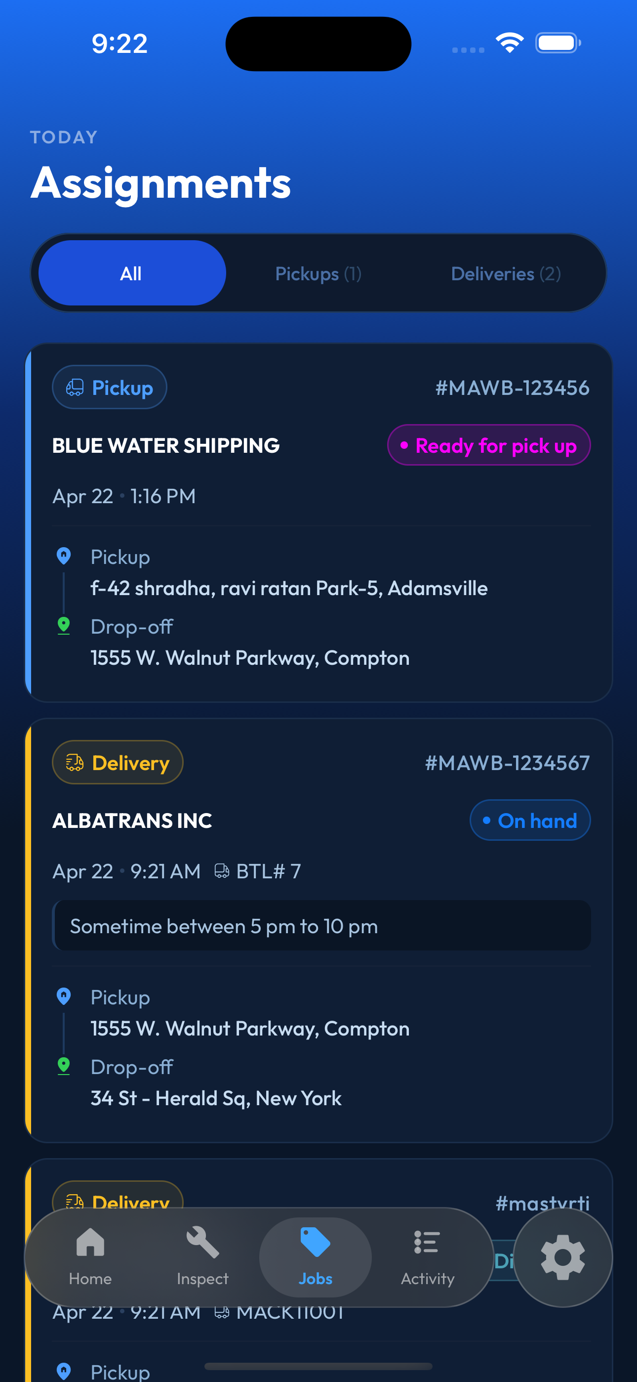 Today's assignments list with pickup and delivery loads