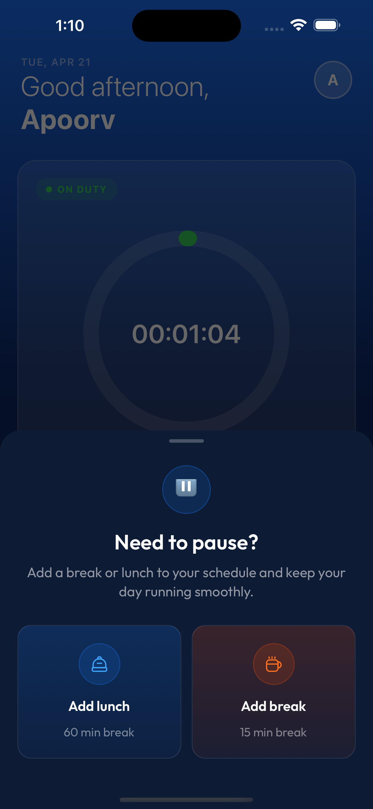 Need to pause sheet with add lunch and add break options