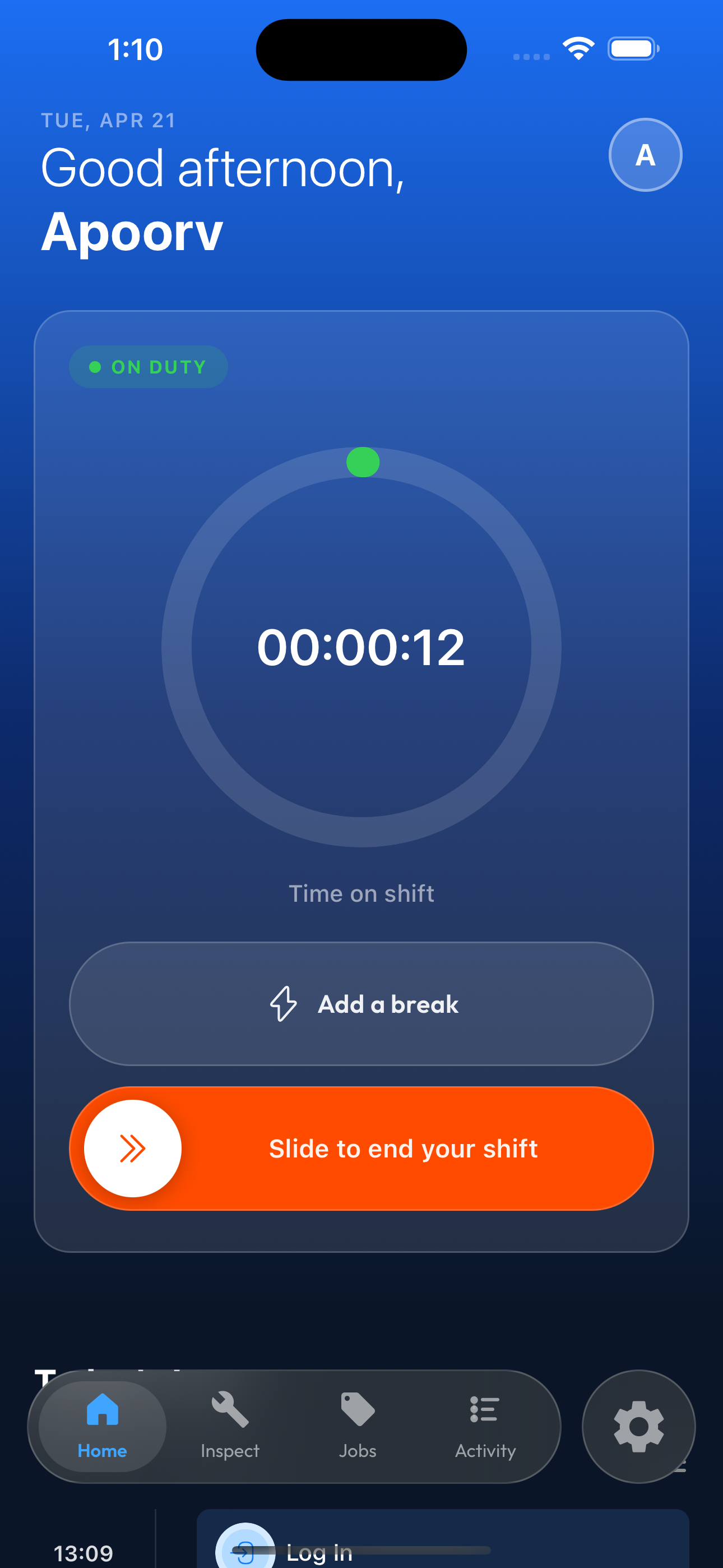 Logixa Driver — Home screen with the driver on duty and a live shift timer