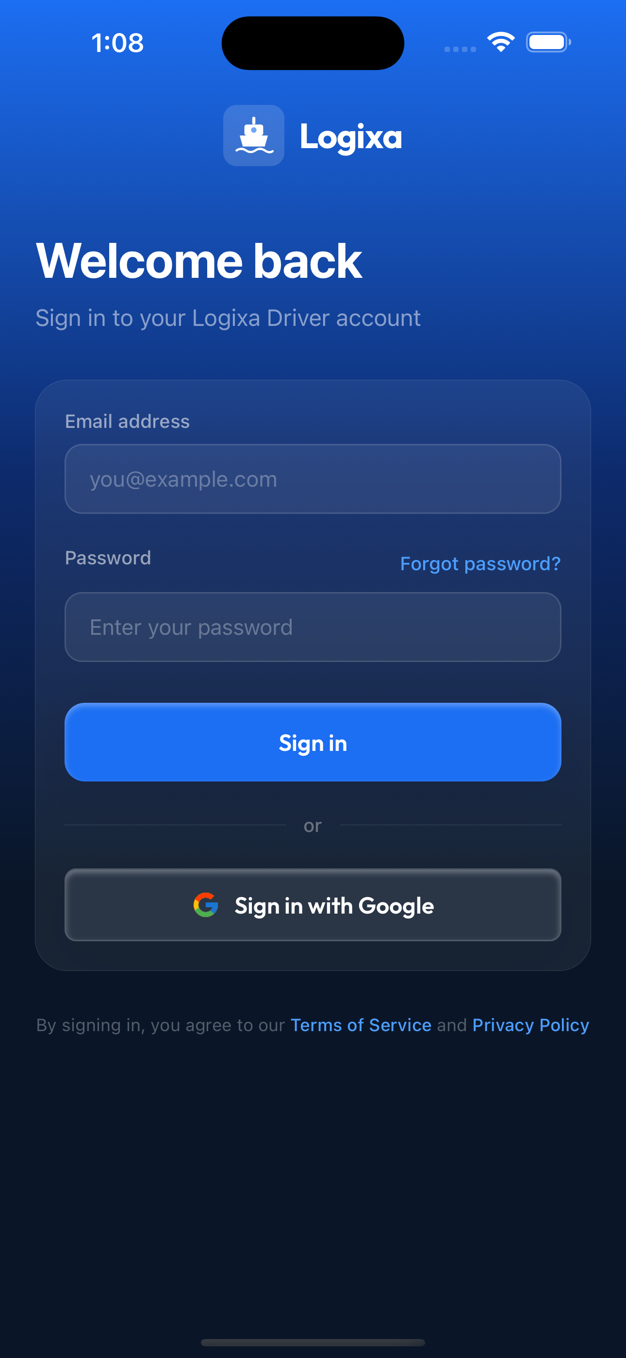 Welcome back sign-in screen for drivers