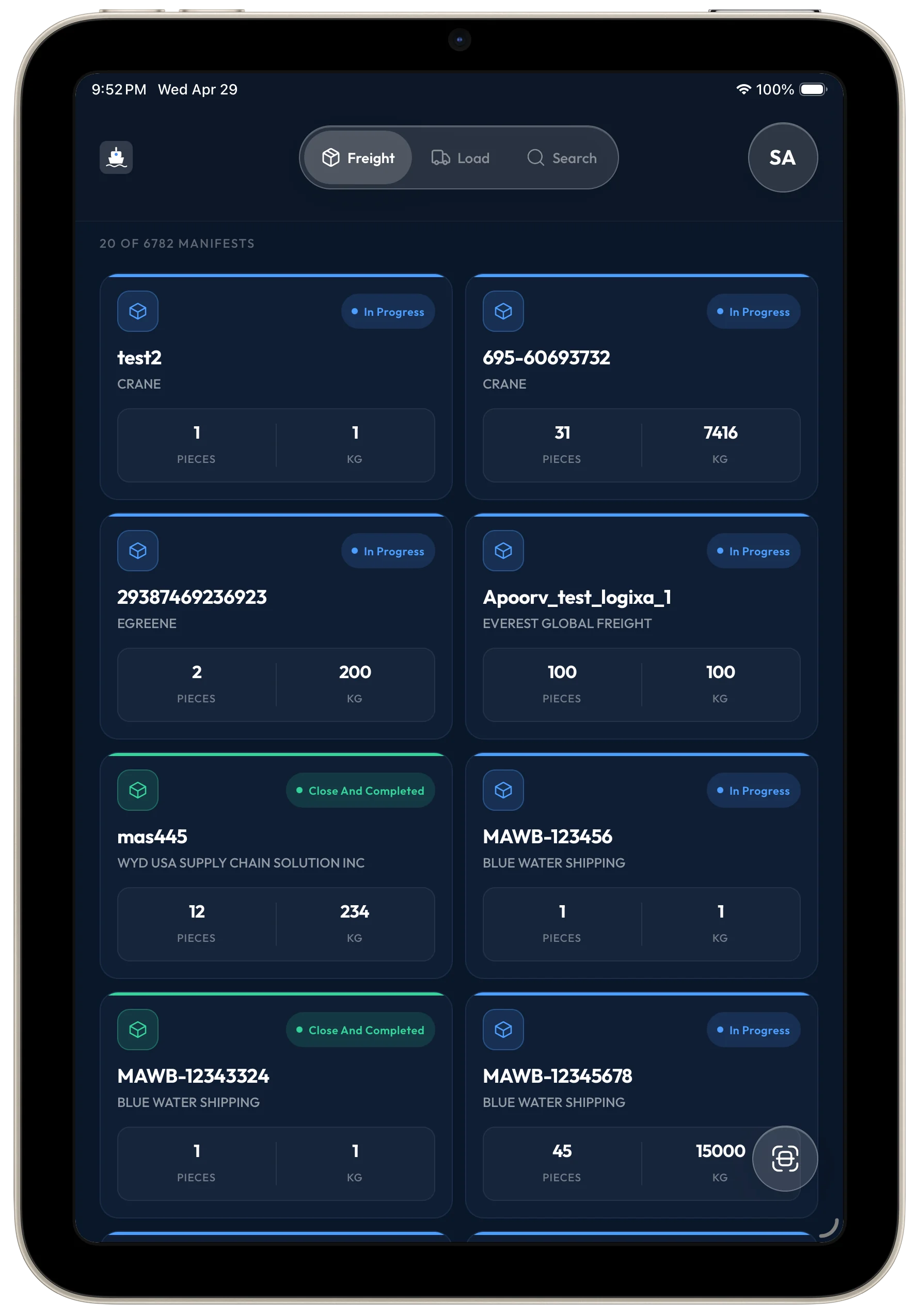 Tablet showing freight breakdown with package summaries