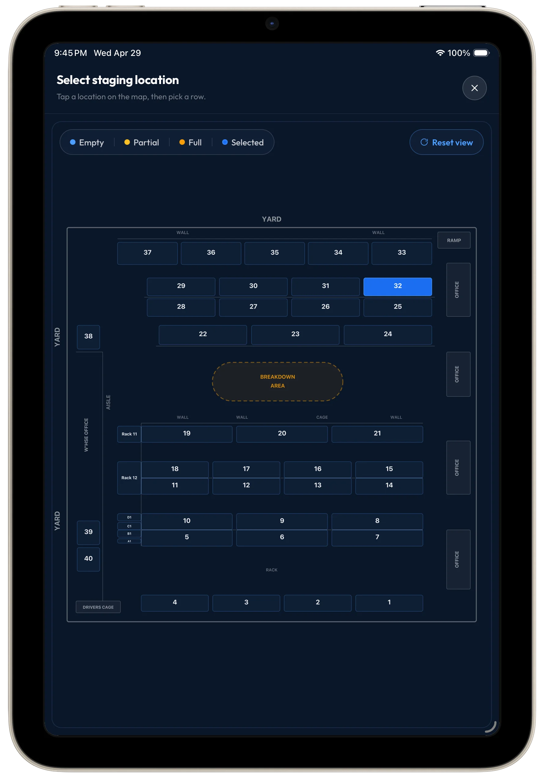 Tablet app showing the interactive warehouse location selector
