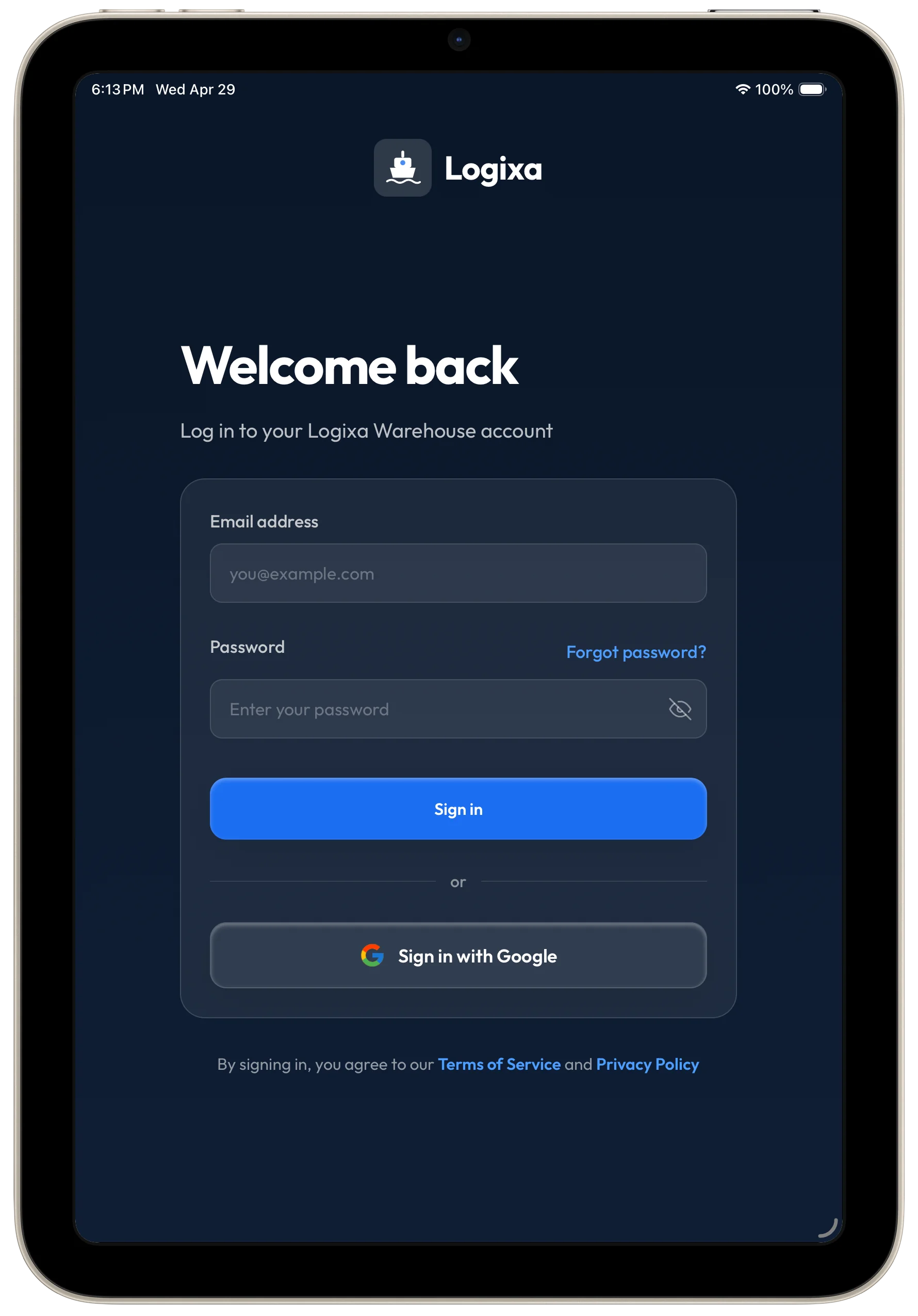 Tablet sign-in screen for the Logixa Warehouse app