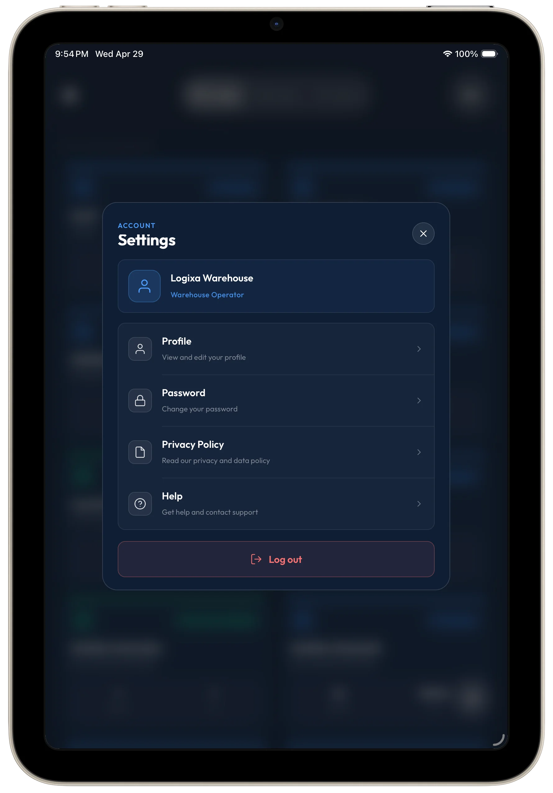 Tablet settings menu with profile, password, privacy, and help options