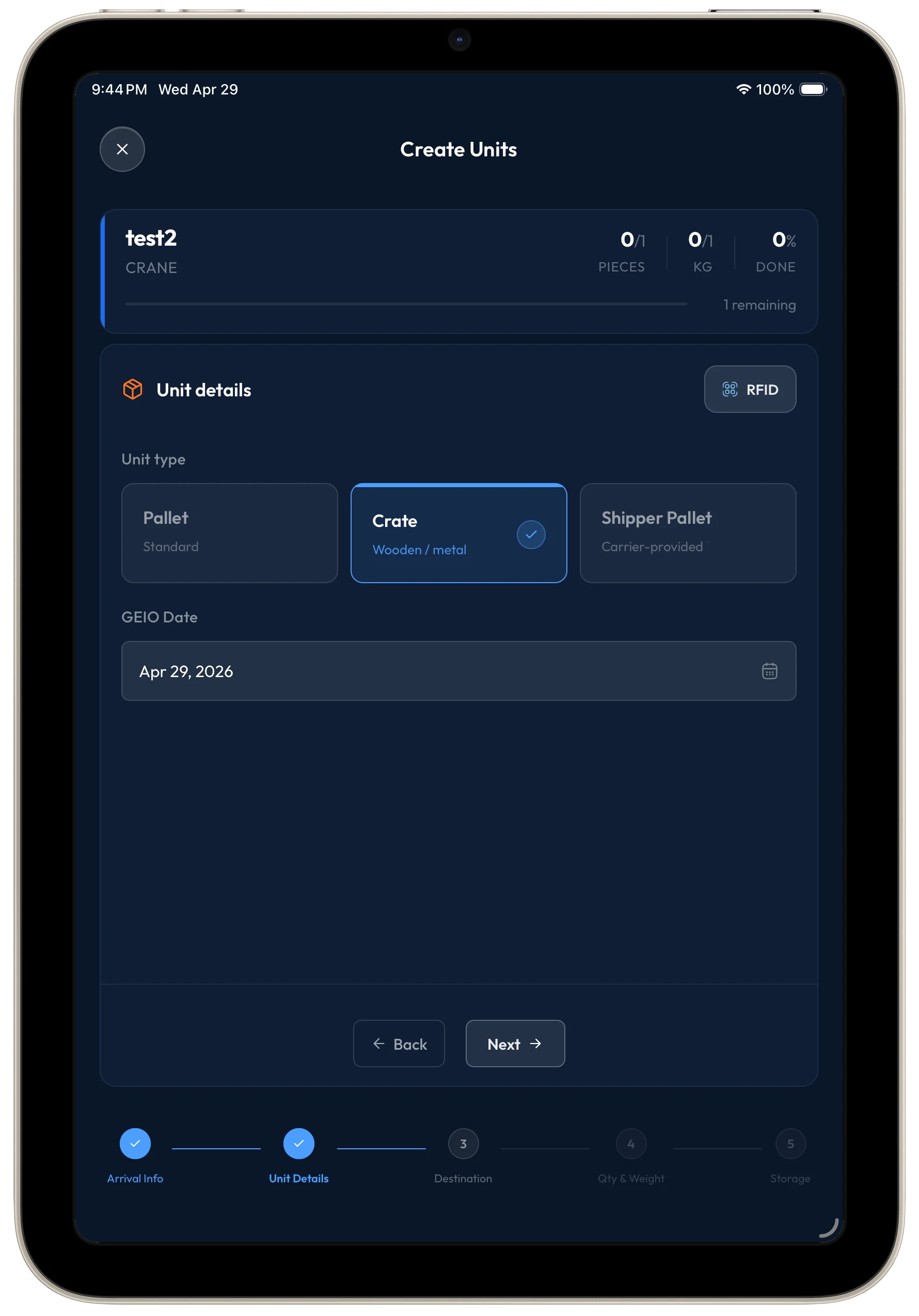 Tablet showing unit creation form for warehouse packages